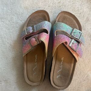 Nina Girls Iridescent Rainbow Glitter Double-Buckle Sandals